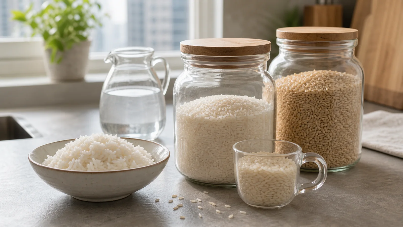 米、量杯和一碗白飯放在廚房桌面