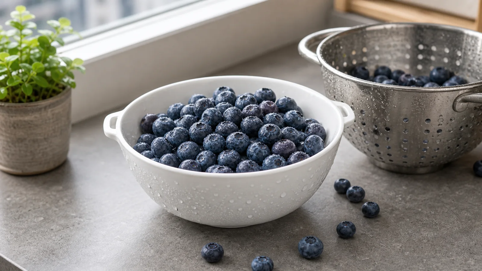Washed blueberries in a bowl