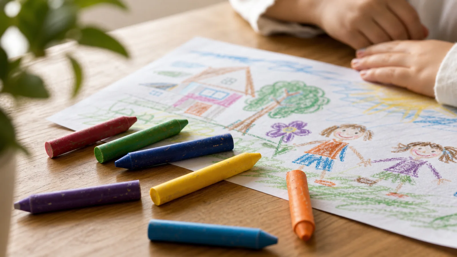 Crayons and children's drawing paper on a table