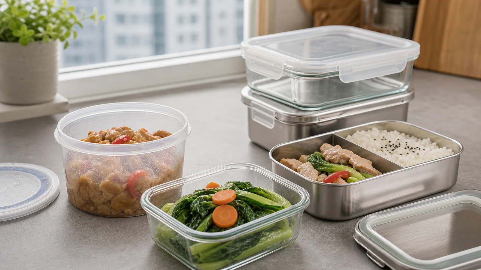 Plastic, glass, and stainless steel food containers on a table