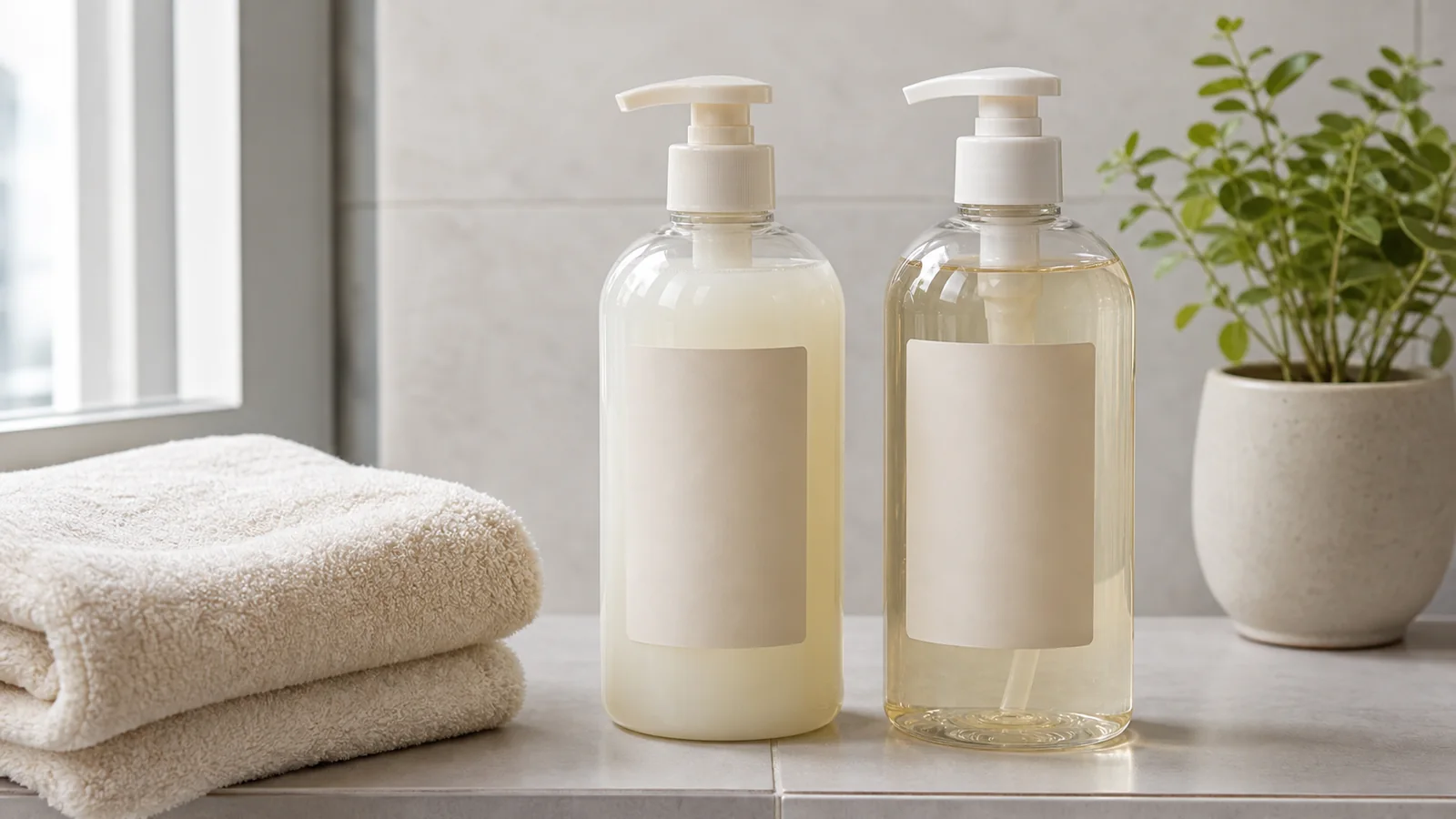 Shampoo and body wash bottles on a bathroom shelf